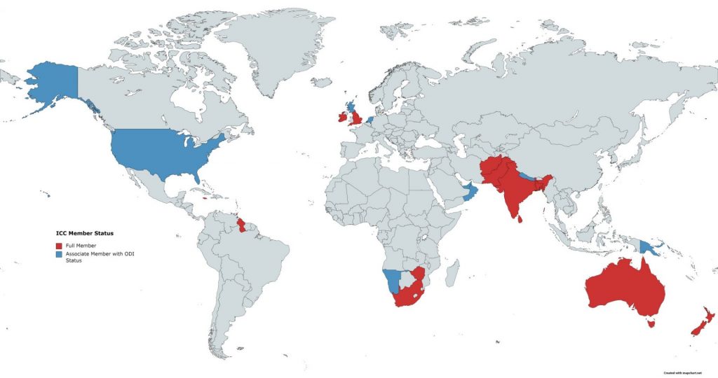 A map illustrating the expansion of cricket across the globe, with countries highlighted based on their adoption of the sport.